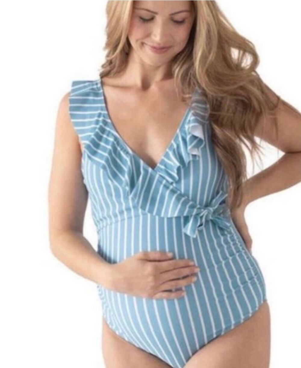 NWT Kindred Bravely Ruffle Wrap 1 Piece Nursing Swimsuit Coastal Stripe Large